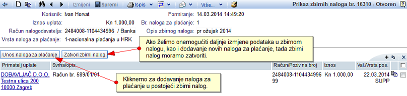Dodavanje naloga za plaćanje na postojeći zbirni nalog