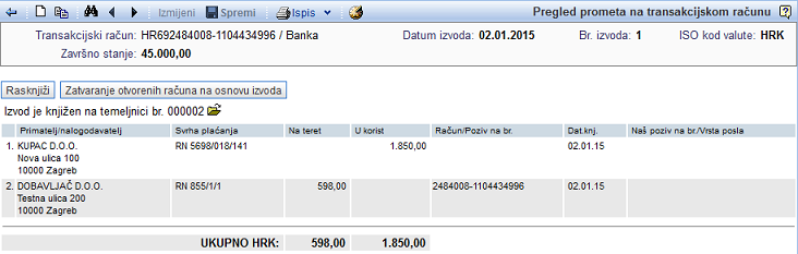 Bankovni izvod je proknjižen