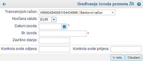 Maska za ručni unos novog bankovnog izvoda