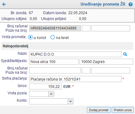 Unos i uređivanje prometa na TR