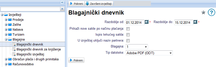 Unos parametara za generiranje sadržaja blagajničkog dnevnika