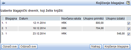 Prikaz salda i izbor blagajničkih dokumenata, koje želimo proknjižiti