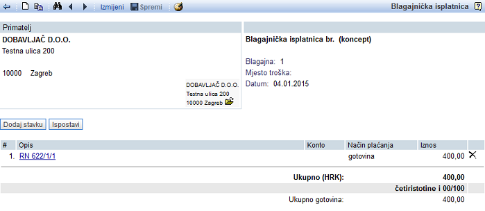 Prikaz blagajničke isplatnice