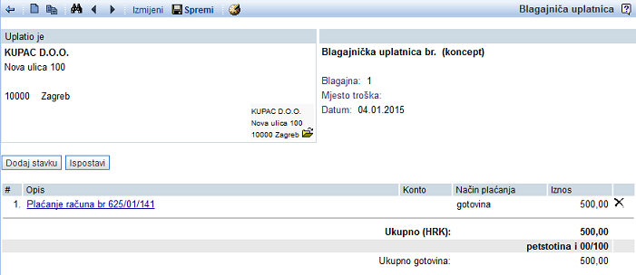 Prikaz blagajničke uplatnice