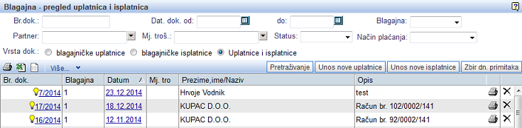 Maska za unos kriterija pretraživanja blagajničkih primitaka i izdataka