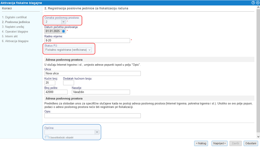 Unos podataka o novoj poslovnoj jedinici ili odabir postojeće