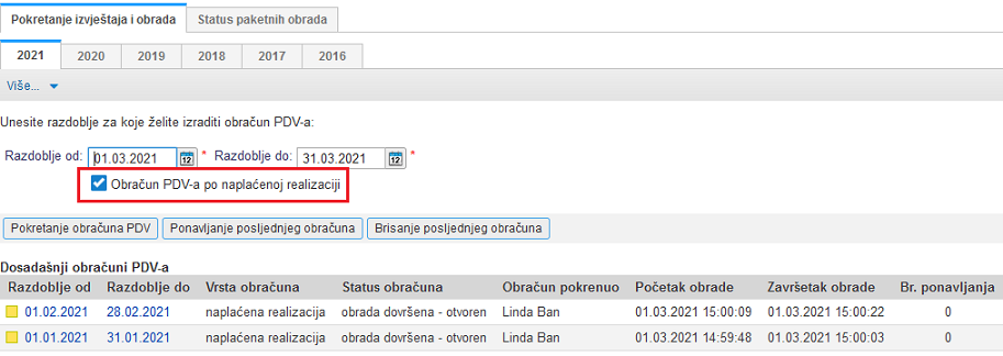 Postavka u masci za izradu novog obračuna PDV-a