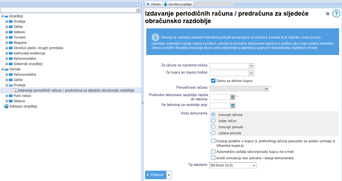 Obrada za izdavanje periodičnih dokumenata za sljedeće obračunsko razdoblje
