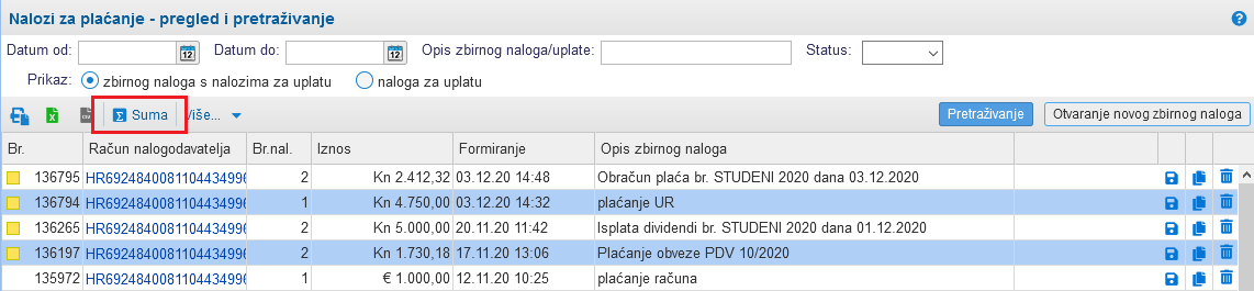 Odabir redaka i klik na gumb '''Svota''' (ikona sa grčkim slovom sigma)