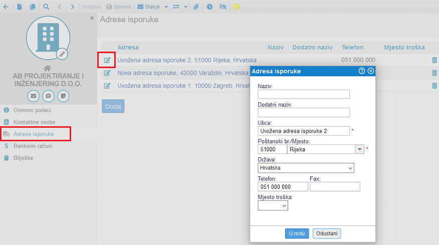 Uređivanje podataka o adresi isporuke kupca