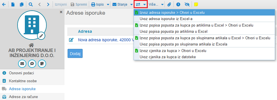 Izvoz šifrarnika adresa isporuke kupca