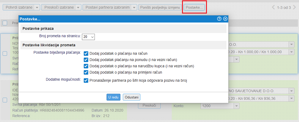 Odabir postavki likvidacije priljeva/odljeva