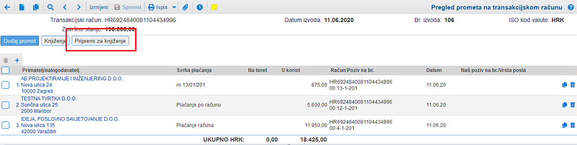 Gumb za pripremu na knjiženje izravno u bankovnom izvodu