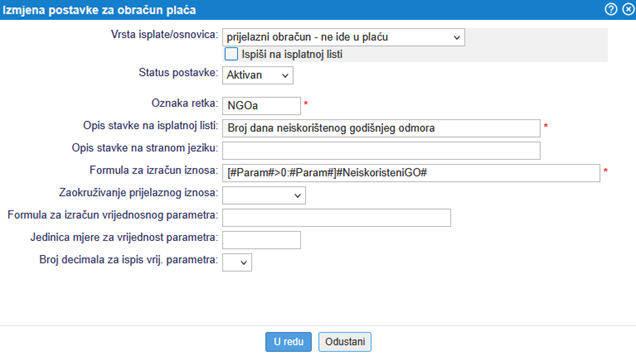 Postavka za automatski izračun ili ručni unos broja dana neiskorištenog godišnjeg odmora