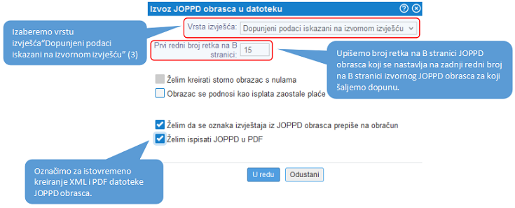 Odabir postavki za dopunu izvornog JOPPD obrasca