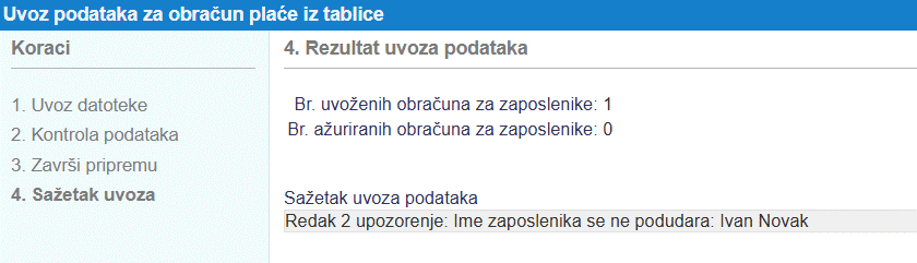 Sažetak uvoza podataka u obračun plaće