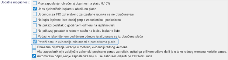 Aktiviranje funkcionalnosti za povezivanje sati iz evidencije prisutnosti s postavkama obračuna plaće