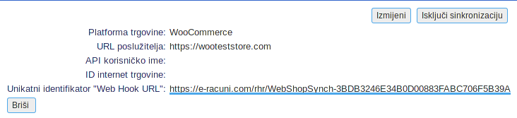 Generirani "Web Hook URL" nakon klika na gumb "Generiraj"