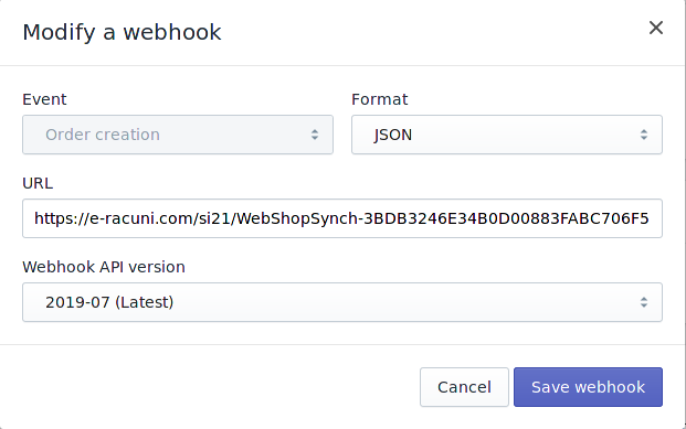 Postavke za webhook kreiranu narudžbu u Shopifyu