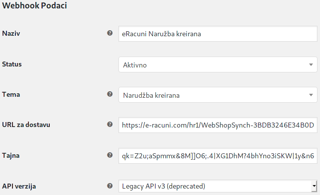 Postavke za webhook kreiranu narudžbu u WooCommerceu