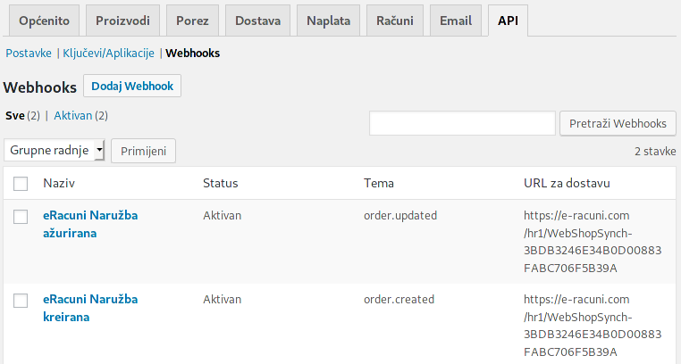Primjer pravilno postavljenih webhooka u WooCommerceu