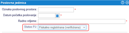 Unos statusa poslovne jedinice koju smo prijavili za fiskalizaciju u sustav ePorezna