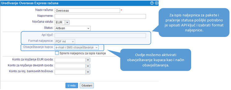 Primjer dodavanja HP računa s podacima za kreiranje naljepnica za pakete