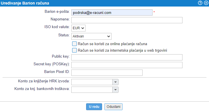 Unos podataka o Barion računu