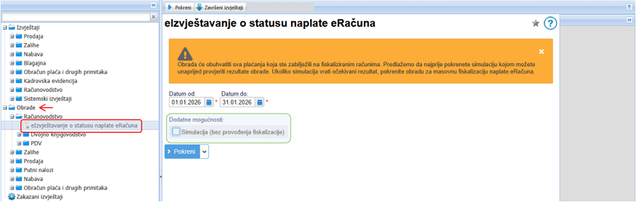 Pokretanje obrade za eIzvještavanje o statusu naplate eRačuna