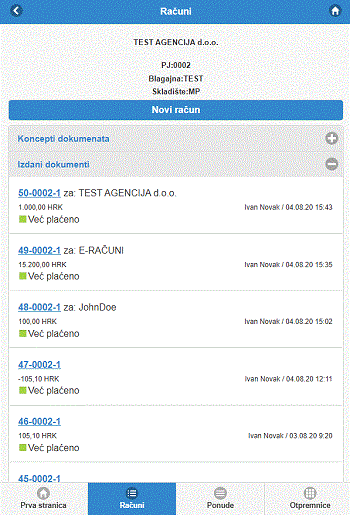 Pregled izdanih računa u E-računi mobilnoj aplikaciji