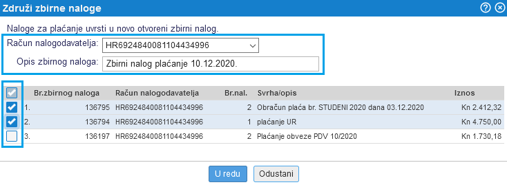 Odabir i potvrda zbirnih naloga za združivanje