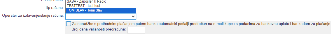 Odabir operatera za izdavanje i slanje računa