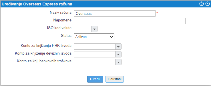 Dodavanje bankovnog računa za Overseas