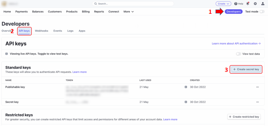 Stripe aplikacija - Developers meni