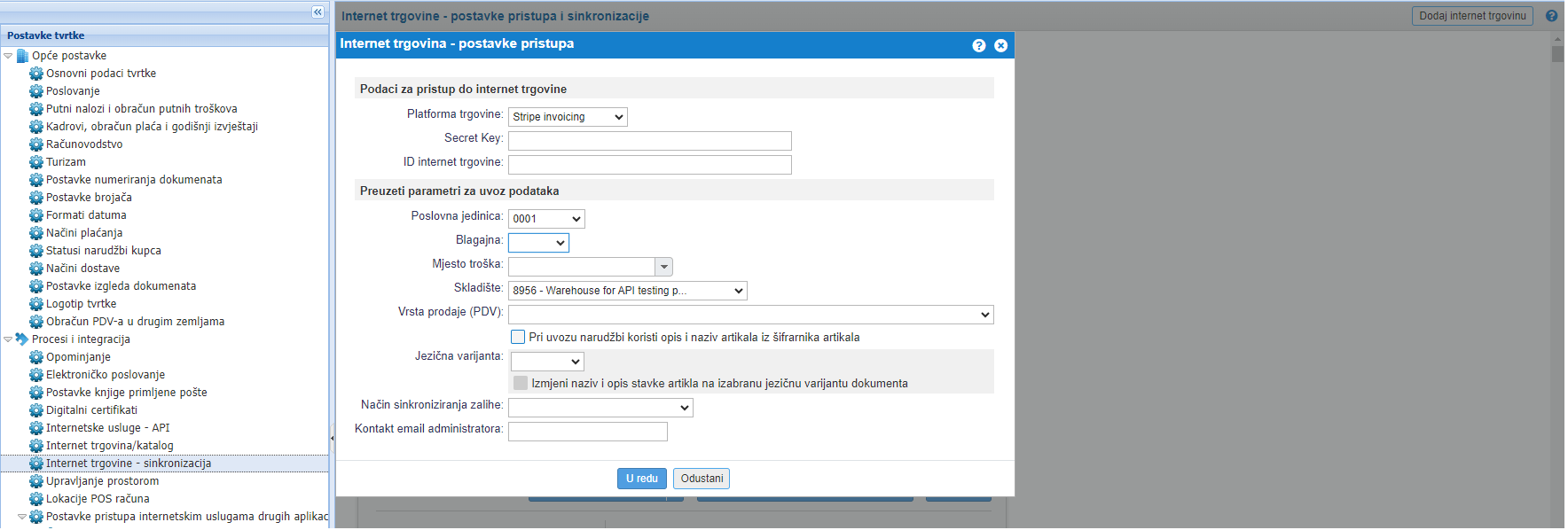 Dodavanje nove internet trgovine Stripe invoicing