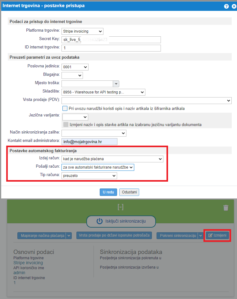 Uređivanje automatskog fakturiranja za Stripe invoicing