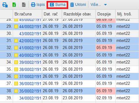 Odabir redova i klik na gumb 'Suma' (ikona sa grčkim slovom sigma)