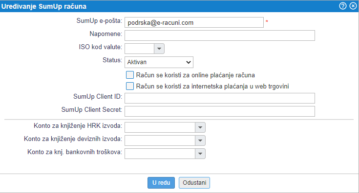Unos podataka o SumUp računu