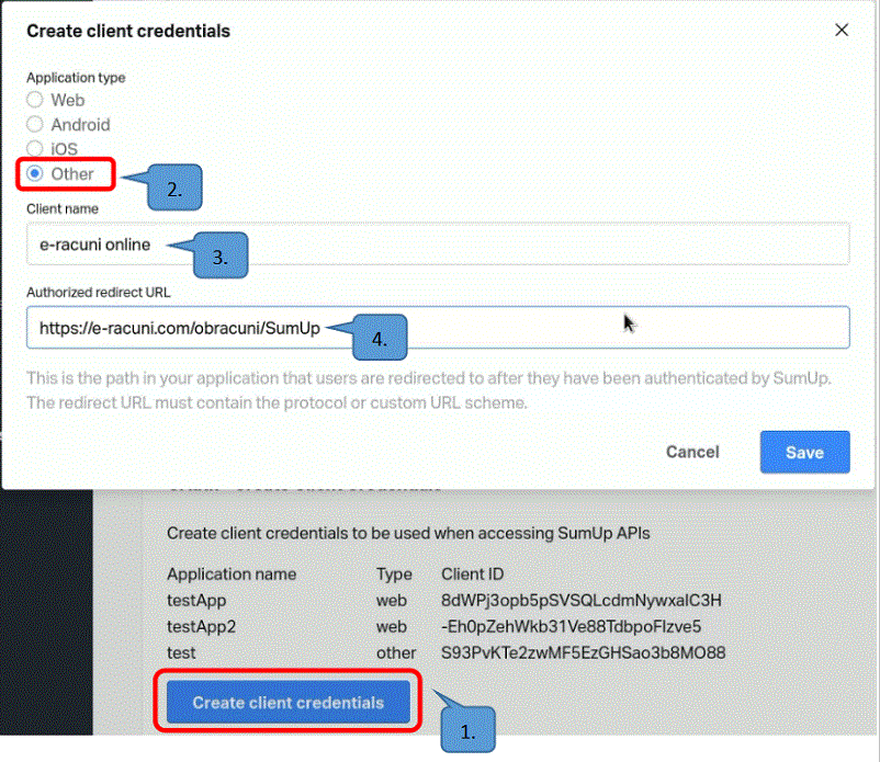 Gumb Create Client Credentials