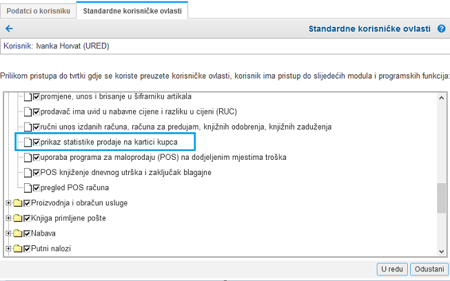 Ovlast za pregled statistike kupca nalazi se unutar ovlasti za modul Prodaja