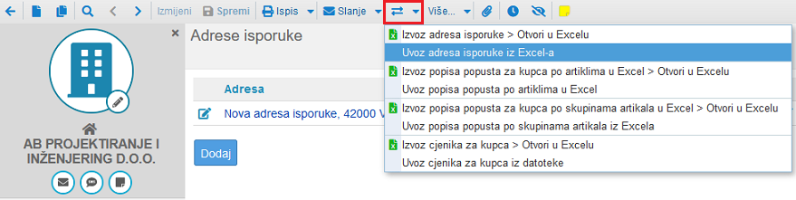 Izbornik dodatnih mogućnosti za uvoz adresa isporuke kupca