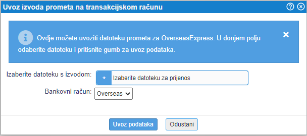 Izbor datoteke za uvoz izvoda dostavne službe Overseas