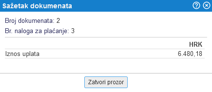 Prikaz svote odnosno rekapitulacije izabranih naloga za plaćanje tj. naloga za plaćanje u izabranim zbirnim nalozima