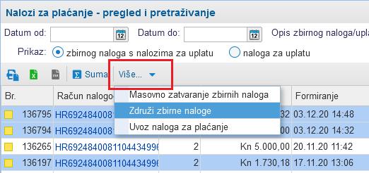 Funkcija za združivanje zbirnih naloga